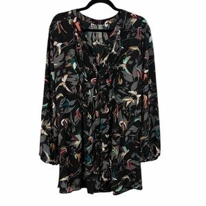 Melissa McCarthy Seven7 Bird Print Pleated Blouse Black Size 2X Boho Classic